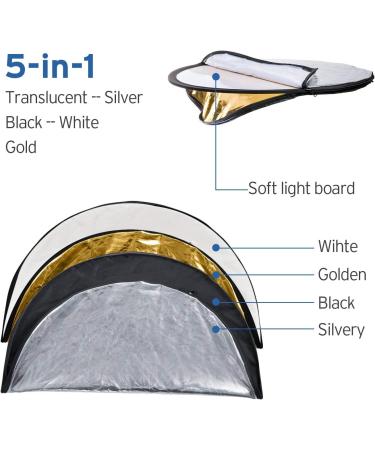 Etekcity Reflector Photography 43" (110cm) 5-in-1 Light Reflectors for Photography Multi-Disc Photo Reflector Collapsible with Bag - Translucent  Silver  Gold  White and Black 43 Inch - Buy Online on GoSupps.com