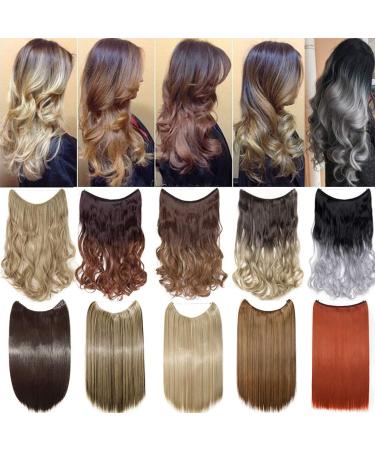 Wire in Hair Extensions No Clip in Ombre Curly Wavy Hairpieces Invisible Natural Hair Extension 20" - Ash Blonde mix Bleach Blonde