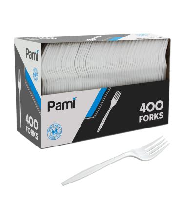 PAMI Medium-Weight Disposable Plastic Forks 400-Pack - Bulk White Plastic Silverware For Parties, Weddings, Catering Food Stands, Takeaway Orders & More- Sturdy Single-Use Partyware Forks