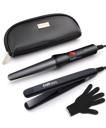 FARI Travel Hair Curling Iron and Mini Flat Iron 2 in 1 Kit Ceramic Tourmaline Curling Wands and Hair straighteners Set Heat Resistant Glove and Travel Pouch Included Black