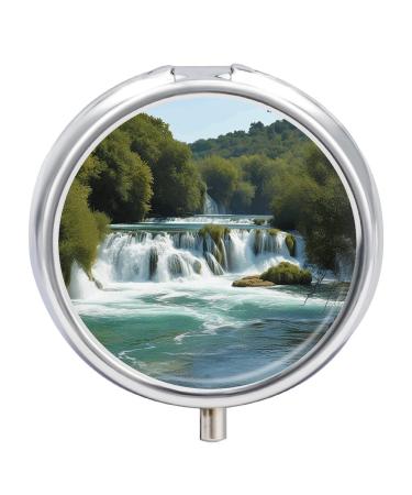 Round Pill Box Waterfalls on Krka River Print 3 Compartment Medicine Pill Case Print Pill Organizer Decorative Metal Portable Pill Box Pocket Pill Box Style-22