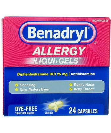 Benadryl Liqui-Gels Antihistamine Allergy Medicine & Cold Symptom Relief Dye-Free Liquid Gelcaps with 25 mg of Diphenhydramine HCl for Symptoms Such As Runny Nose Sneezing & More 24 ct (Pack of 4)