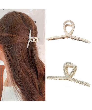 Twoasmot Large Metal Hair Claw Clips - Shiny Rhinestone Hair Clip and Pearl Big Hair Barrette Gold Rectangular Hair Claw for Thick hair Diamond Hairpin Hair Accessories for Women and Girls (2PCS)
