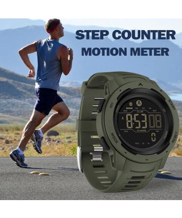 Findtime Men's Digital Pedometer Watch | 5ATM Waterproof Sports Stopwatch with Countdown Alarm | Green Military Tactical Design - Buy Online on GoSupps.com