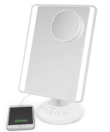 iHome 7 x 9 Reflect iCVBT22W Adjustable Vanity Mirror with Bonus 10X Mirror  Bluetooth Audio  Hands-Free Speakerphone  LED Lighting  Siri & Google Support USB Charging  (White  7 x 9)