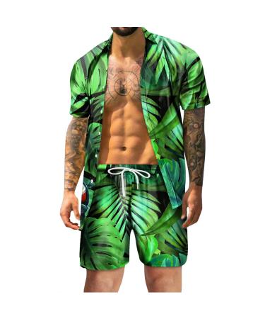 Mens Summer Fashion Leisure Hawaii Seaside Holiday Beach Digital 3D Printing Short Sleeved Shirt Shorts Beach Green Large