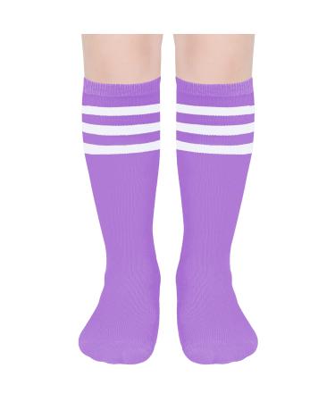 DOOVID Kids Soccer Socks Three Stripes Knee High Socks Cotton Sports Socks Toddler Boys Girls Uniform Tube Socks Purple White One Size