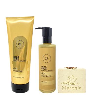 Bath & Body Works Coco Shea Honey Fragranced Rich Moisture Bundle with a Creamy Rose Soap - Moisturizing Body Wash and Body Lotion - Full Size