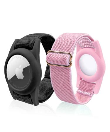 Airtag bracelet for children 2 pieces Air day watch band holder Compatible with Apple Item Finder adjustable itag gps Wristband Bracelet slree silicone footstage case for child/toddler black/pink