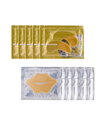 Gold Bio Collagen Crystal Mask Set - 5 Pairs Gold Eye Mask and 5 Pcs Gold Lip Mask  Anti Aging Eye and Lip Mask