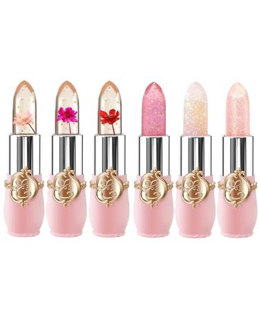 6 Packs Flower Jelly Lipstick Set Magic Temperature Color Change Lip Balm Long Lasting Moisturizer Lip Gloss Flower Jelly Lipstick Makeup Set (6PCS Set B)