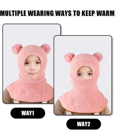 Fadcaer Kids Winter Hat Hooded Scarf Set with Double Pom Pom, Earflap Beanies Caps for 2-5 Years Old Girls Boys - Pink - Buy Online on GoSupps.com