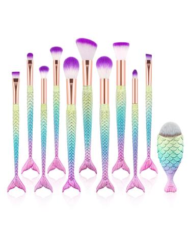 Makeup Brush Set 11pcs  Premium Synthetic Mermaid Make Up Brushes for Blush Highlight Concealer Fan Cute Cosmetic Brushes Collection 2-Purple
