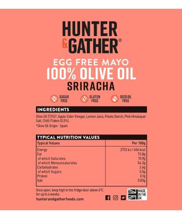 Hunter & Gather 100% Olive Oil Egg-Free Sriracha Mayo 250g - Keto & Vegan Friendly - Gluten & Soy Free - Buy Online on GoSupps.com