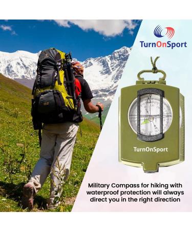 Lensatic Military Compass for Hiking - Tritium Compass Military Grade Style Camping Backpacking | Tactical Army Compass Survival Navigation | TurnOnSport Waterproof Sighting Compass with Pouch Green - Buy Online on GoSupps.com