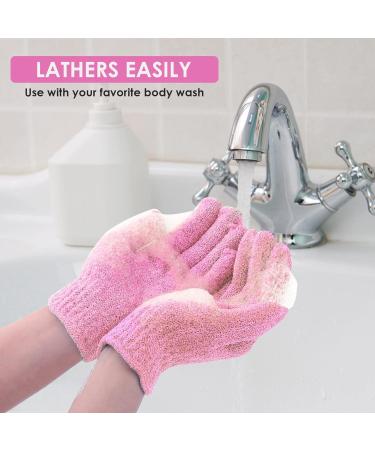 Sibba Bath Gloves - Natural Loofah Exfoliating Wash Gloves for Body and Face - Dead Skin Remover - Double Sided Microfibre Shower Gloves - 2 Pair Pink & Green - Buy Online on GoSupps.com