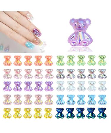 3D Bear Nail Charms 50PCS 10 Color Resin Crystal Glitter Bear Nails Art Accessory for Women Girl DIY Acrylic Nail Design Supplies 50pcs Bears