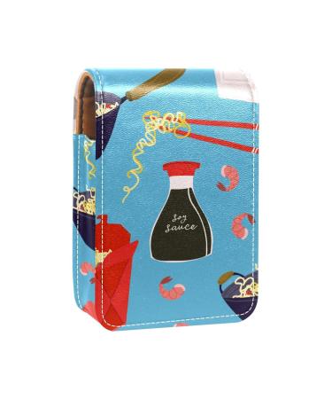 Noodles food blue lip gloss holder lipstick case portable make -up bag travel lipstick organizer case with mirror mini lipstick storage box for women multicolored 9.5x2x7 cm/3.7x0.8x2.7 in
