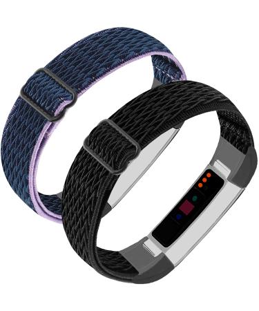 Adjustable Elastic Nylon Bands Compatible with Fitbit Alta and Alta HR Fitness Tracker, 2 Pack Braided Stretchy Wristband Accessory Bracelet Watch Strap Sport Replacement Band for Women Men Wavy Black / Wavy Blue Purple