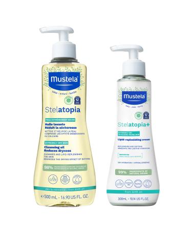 Mustela Stelatopia Eczema-Prone Skin Bath Time Gift Set - Family Skin Care Essentials - Natural Avocado & Sunflower Oil - EWG Verified - 2 Items Set - Stelatopia Cleansing Oil and Stelatopia+ Cream