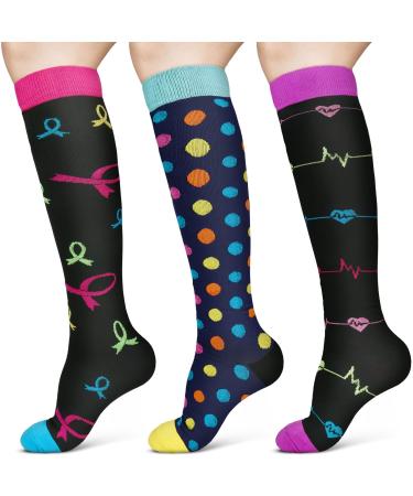 ACWOO Compression Socks for Women & Men 3 Pairs Colorful Breathable Long Tube Compression Socks Non-Slip Flight Socks Running Socks for Sports Flying Maternity Pregnancy Nurses Travel S-M Multi-color-3 Pairs
