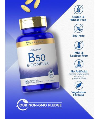 Carlyle Vitamin B50 Complex Supplement | 180 Caplets | Non-GMO, Vegetarian, Gluten Free - Buy Online on GoSupps.com