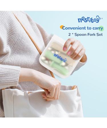 Nesritoy 4 Set Baby Cutlery | BPA-Free Silicone Spoon & Fork for Toddlers | Anti-Choke Design | Mint & Beige Storage Pocket - Buy Online on GoSupps.com