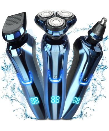 Electric Razor for Men Mens Electric Shavers 3 in 1 IP7 Waterproof Wet and Dry shaving Cordless Rechargeable Rotary Shavers Sideburn Nose Trimmer with LCD Display Blue