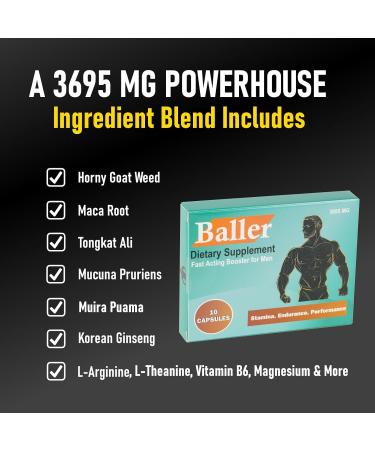 Baller Male Performance Enhancer Supplement | Fast-Acting Herbal Stamina Support Supplement & Endurance Support for Men | Magnesium VIT. B6 L-Arginine Horny Goat Weed Maca Tongkat Ali & Ginseng - Buy Online on GoSupps.com