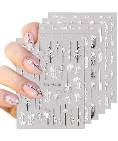 6 Sheets 3D Spring Embossed Flower Nail Stickers for Nail Art Self-Adhesive 5D Summer Colorful Floral Nail Supplies Nail Art Nail Art Decorative Embossed Stickers