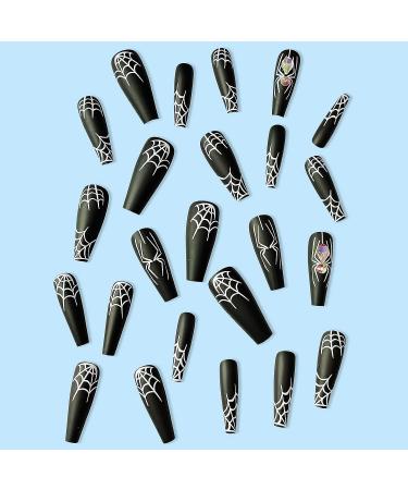 Black Spider Web Halloween Press On Nails - Full Cover Long Fake Nails for Women - 24 Pcs Glossy Halloween Glue On Nails - Buy Online on GoSupps.com