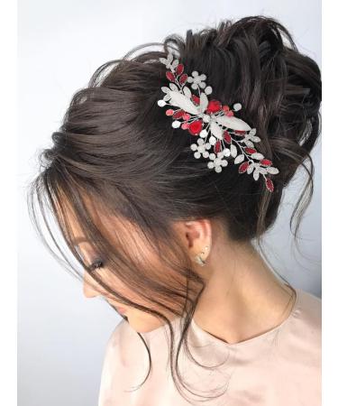 IYOU Bridal Wedding Hair Comb Red Crystal Hair Accessories Rhinestone Flower Headpiece Bride Bridesmaid Hair Pieces for Women - Buy Online on GoSupps.com