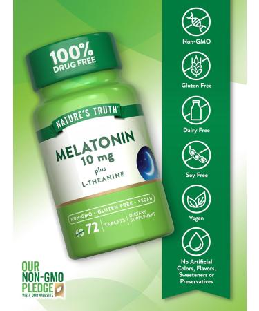 Nature's Truth Melatonin 10 mg + L-Theanine | 72 Tablets | Maximum Strength | Vegan Non-GMO and Gluten Free Supplement 72 Count (Pack of 1) - Buy Online on GoSupps.com