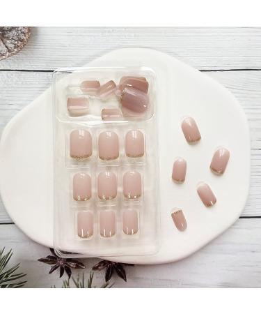 French Gold Glitter Short Square Press on Nails - 24Pcs Acrylic Full Cover Glossy Nude Tips for Women and Girls - Buy Online on GoSupps.com