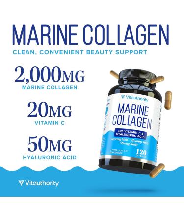 Marine Collagen Capsules Hyaluronic Acid & Vitamin C | 2 000mg Hydrolyzed Fish Collagen Peptides per Serving | Skin Elasticity Hydration Hair Nail & Joint Support | Pescatarian-Friendly 30 Servings - Buy Online on GoSupps.com