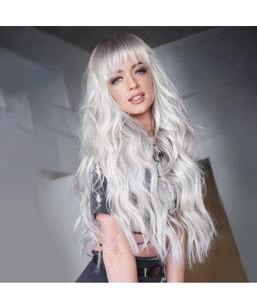 ORSUNCER Ombre White Wig Long Wavy Wigs with Bangs for Women Wig Long Platinum Blonde Wig Natural Looking Synthetic Heat Resistant Hair Wigs for Daily Party Wig 26 Inches