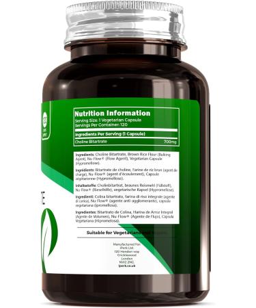 Choline Bitartrate 700mg Nootropic Supplement | 120 Capsules | Non-GMO & Vegetarian Friendly | Made in UK - Buy Online on GoSupps.com