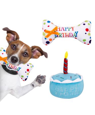 AKlamater Pet Dog Birthday Cake & Birthday Bone Squeaky Soft Plush Toy - Celebrate Your Dog's Happy Birthday (Blue)