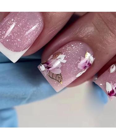 Glue on Nails Medium Length Press on Nails Square Acrylic Nails White French Tip Fake Nails Press ons Pink Full Cover Stick on Nails Flower Golden Leaves Design Artificial Nails for Girls 24Pcs White French Tip & Flower Golden Leaves