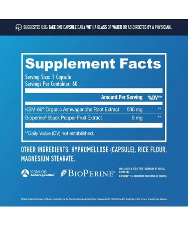 NuEthix Formulations Ashwagandha KSM 66 500mg of KSM-66 Root Extract Mood Stress & Cognitive Support BioPerine Black Pepper Extract Gluten Free Vegetarian Non-GMO & Dairy Free 60 Servings - Buy Online on GoSupps.com