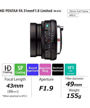Pentax HD FA 43mm F1.9 Limited Black Standard Prime Lens with High-Performance HD & SP Coating, Large Aperture, Round Diaphragm, Machined Aluminum Body - 20140 - Buy Online on GoSupps.com