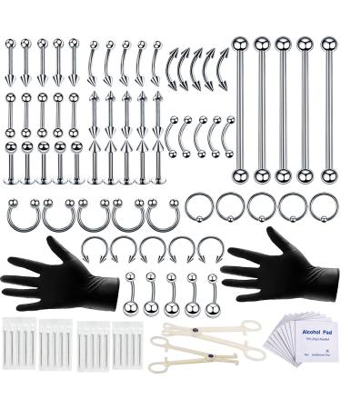100PCS Piercing Kit 14G 16G Nose Septum Rings Piercing Jewelry for Ear Lip Belly Button Tongue Tragus Cartilage Daith Body Piercing Tools Kit with 20PCS 14G 16G PIiercing Needle 10 Alcohol Pads Silver