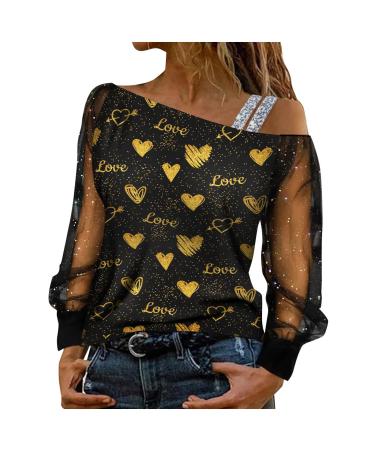 QWUVEDS Earrings Various Sizes Women's Valentine's Day Love Print Button Stitching Lace Long Sleeve Top Women's Top Elegant Gold M