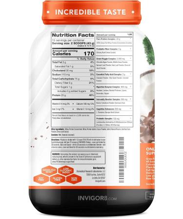 Buy INVIGOR8 Superfood Grass Fed Whey Protein Isolate Shake - Gluten-Free Non-GMO Chocolate Brownie Meal Replacement with Probiotics & Omega 3 (645g) - International Shipping Available - Buy Online on GoSupps.com