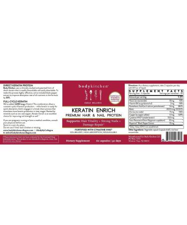 Body Kitchen Keratin Enrich Hair Nutrition Supplement - 60 Veggie Caps - 500mg Keratin, Biotin, and Resveratrol - Promotes Thicker Hair, Stronger Nails, and Hair Growth - Buy Online on GoSupps.com