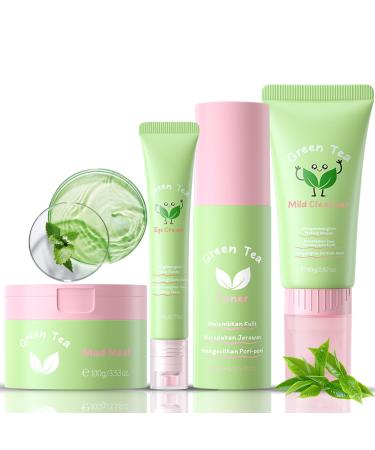Green Tea Korean Skin Care Set 4-In-1 Skincare Set for Women & Teen Girls Skin Care Products: Eye Cream Cleanser Mud Mask Toner Control Oil Shrink Pores Skincare Sets for Girls (Green 04)