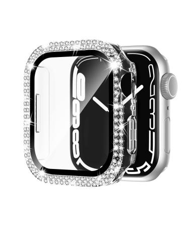 Adepoy for Apple Watch Case Series 7/8 41mm with Tempered Glass Screen Protector Double Bling Case Crystal Diamonds Rhinestone Bumper Overall Hard PC Ultra-Thin Protective Cover for iWatch 41mm Clear 41mm