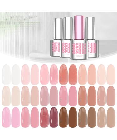 OPUIU 24 PCS Jelly Nude Pink Gel Nail Polish Kit  Natural Neutral Transparent Korean Glitter Milky White Maroon Red Orange Brown Pumpkin Amber Gel Polish Set  Base Top Matte Top Coat Included  Fall Winter Salon Quality S...