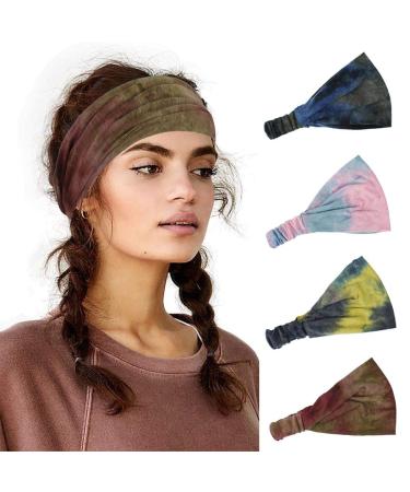 Sethexy wide frontal ligaments wicking elastic head wrap tie dye print hair band 4 pieces yoga vintage headscarf running headband for women and girls