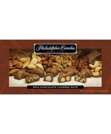 Philadelphia Candies Milk Chocolate Covered Assorted Nuts, 1 Pound Gift Box (Almond, Brazil, Cashew, Hazelnut, Pecan, Walnut) Assorted Nuts / Milk Chocolate 1 Pound (Pack of 1)